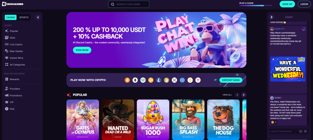 Homepage with a chat-integrated layout, playful mascot, and crypto icons—showcasing a social-first approach to online casinos USA. discassino community-style online casinos usa