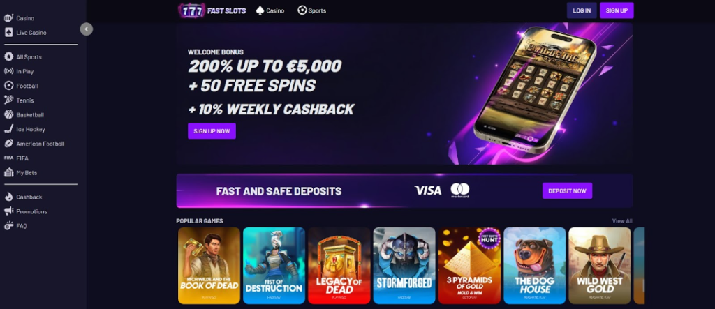 Fast Slots casino homepage promoting a €5,000 welcome bonus and sleek slot previews, targeting fast-paced online casinos USA audiences. fast slots layout for online casinos usa players