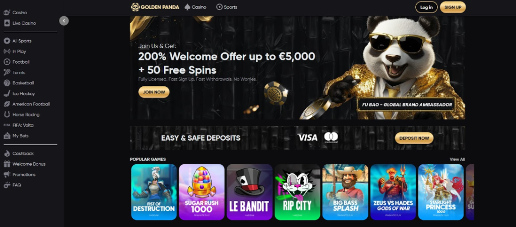 Golden Panda luxurious homepage with a gold-clad panda mascot, enticing welcome offers, and top slot titles for online casinos USA users. golden panda bonus offer for online casinos usa