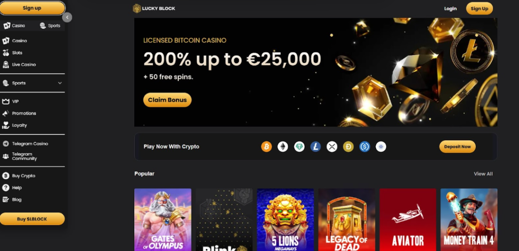 Lucky Block crypto-driven layout with €25,000 bonus and digital currency icons—highlighting a bitcoin-focused option for online casinos USA players. lucky block bitcoin casino screenshot