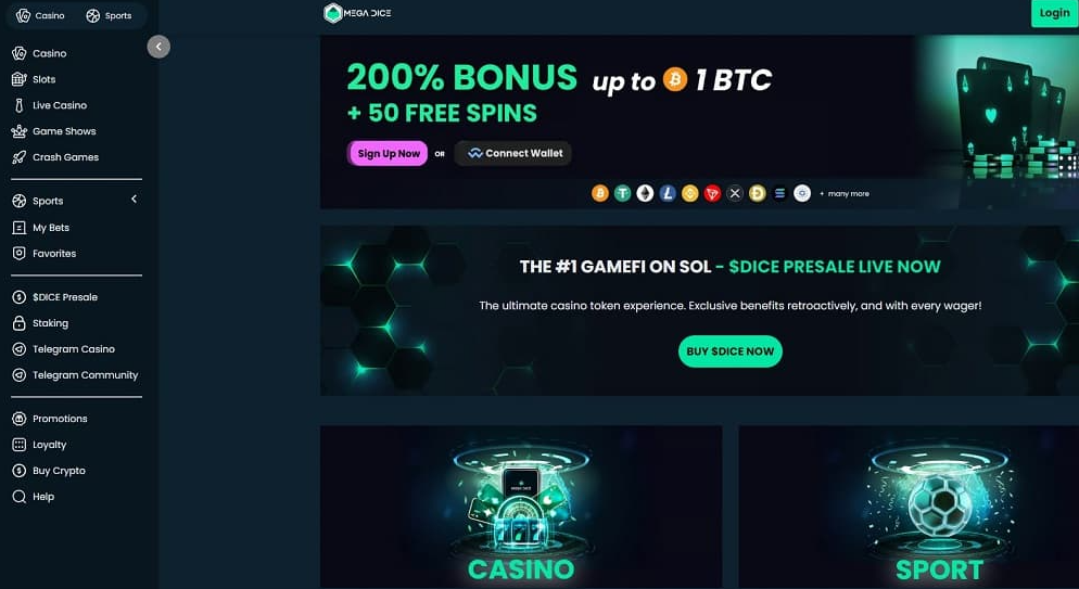Mega Dice casino homepage with BTC offers, staking options, and futuristic visuals targeting crypto enthusiasts in the online casinos USA market. mega dice crypto layout for usa gamblers