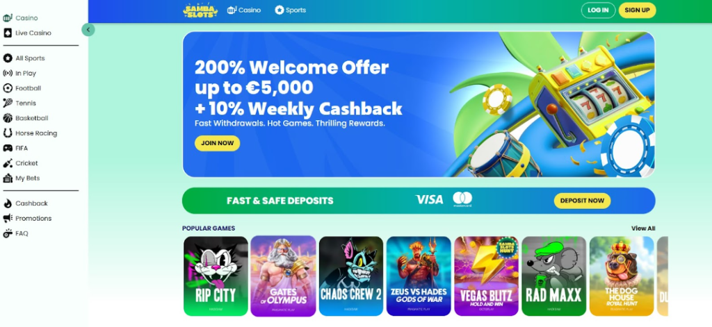 Bright tropical-themed design with animated drums, cashback perks, and playful graphics for online casinos USA users who love energy and flair. samba slots colorful online casinos usa