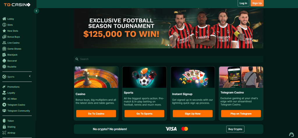 Sports betting and slot games meet on a football-branded homepage, appealing to dual-purpose online casinos USA players. tg casino soccer-focused homepage