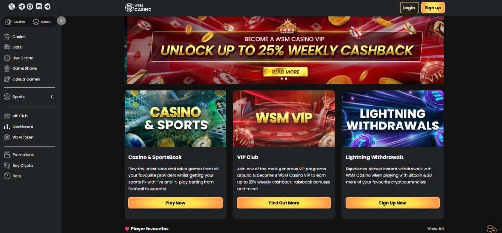 VIP rewards, crypto withdrawals, and an elegant layout with dark visuals—tailored to loyal online casinos USA users seeking premium perks. wsm casino homepage screenshot