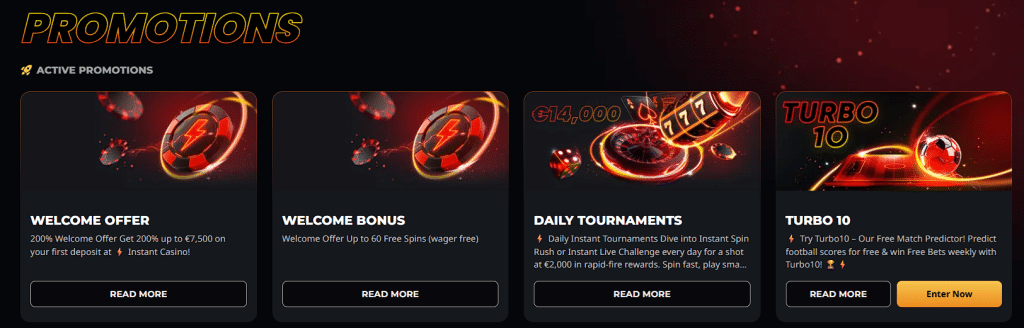 Snapshot of Instant Casino's promotions page featuring a hefty welcome offer and ongoing promotions Instant Casino Promotions