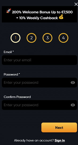 Image of Instant Casino's sign up form Instant Casino sign up